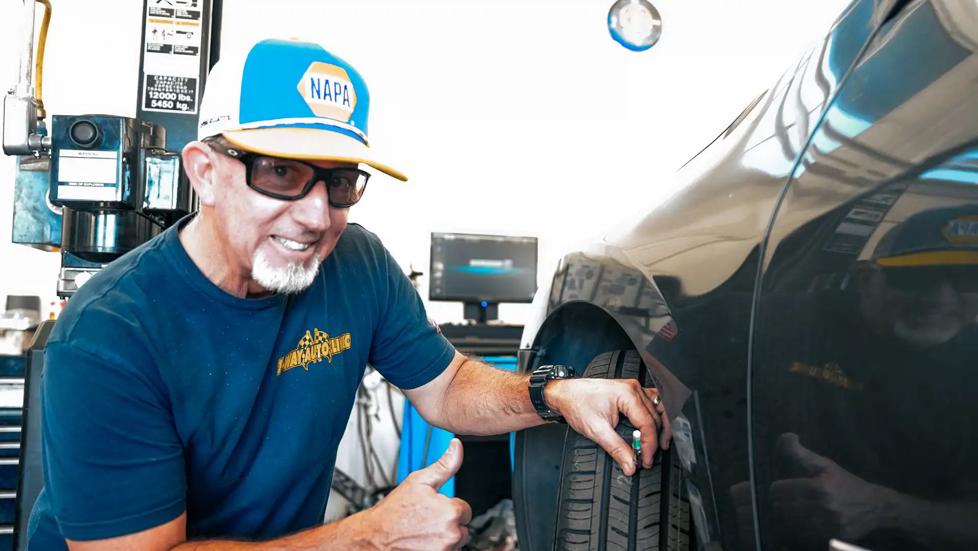 Shop owner tires inspection